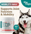 A container of Mobility-Max™ Advanced Hip & Joint Support Chews sits beside a happy Siberian Husky. Text reads: Supports Joint Function & Mobility, 60 Soft Chews. Paw Origins logo appears in the top right corner.
