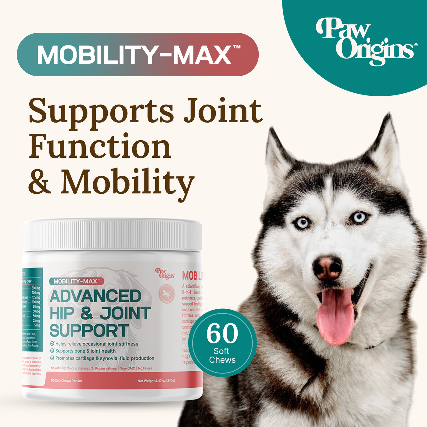 A container of Mobility-Max™ Advanced Hip & Joint Support Chews sits beside a happy Siberian Husky. Text reads: Supports Joint Function & Mobility, 60 Soft Chews. Paw Origins logo appears in the top right corner.