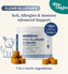 A tub of Clear-Allergies™ Itch, Allergies & Immune Support Chews for dogs is shown with chews beside it. The label highlights allergy relief with 3 billion CFU probiotics, Omega-3, and a 7-in-1 blend of natural actives.