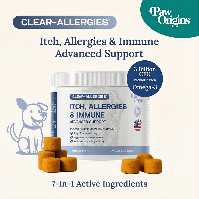 A tub of Clear-Allergies™ Itch, Allergies & Immune Support Chews for dogs is shown with chews beside it. The label highlights allergy relief with 3 billion CFU probiotics, Omega-3, and a 7-in-1 blend of natural actives.