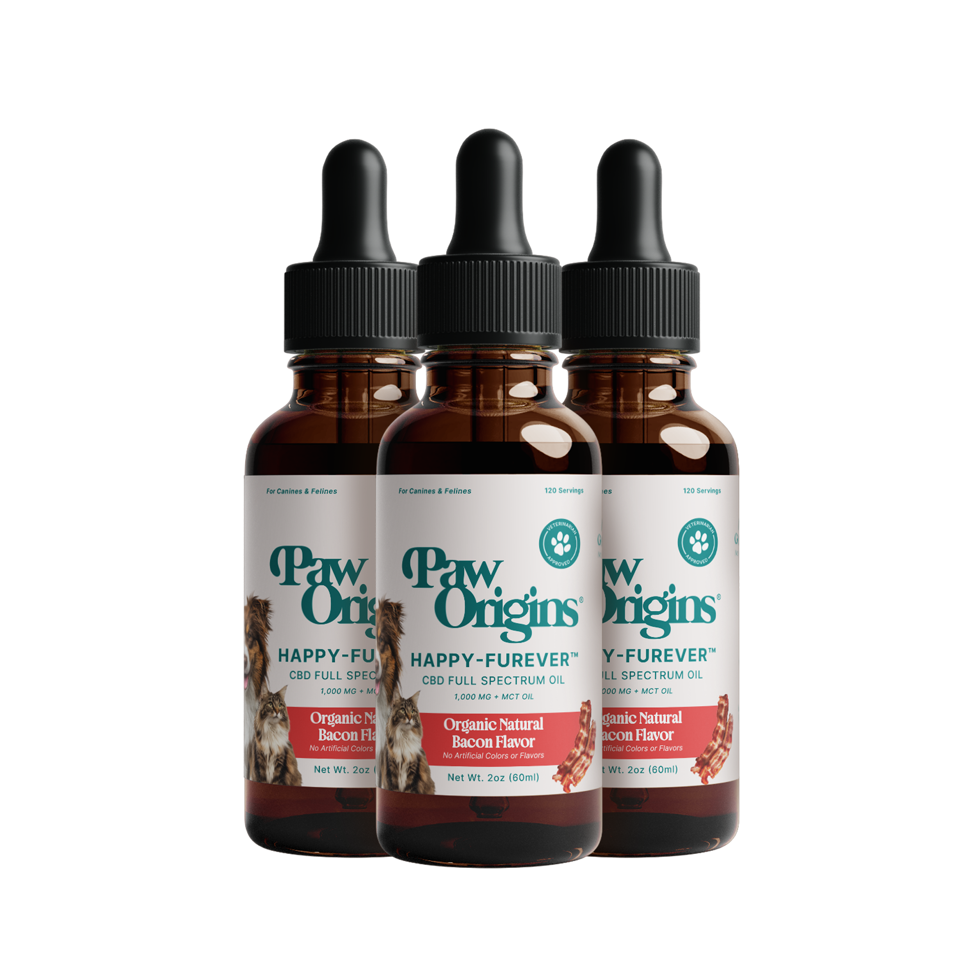 Three bottles of Full-Spectrum (1,000mg) Happy-Furever® CBD Oil for pets, organic natural bacon flavor with dropper lids and dog images—ideal CBD oil to support joint mobility and wellness in dogs.