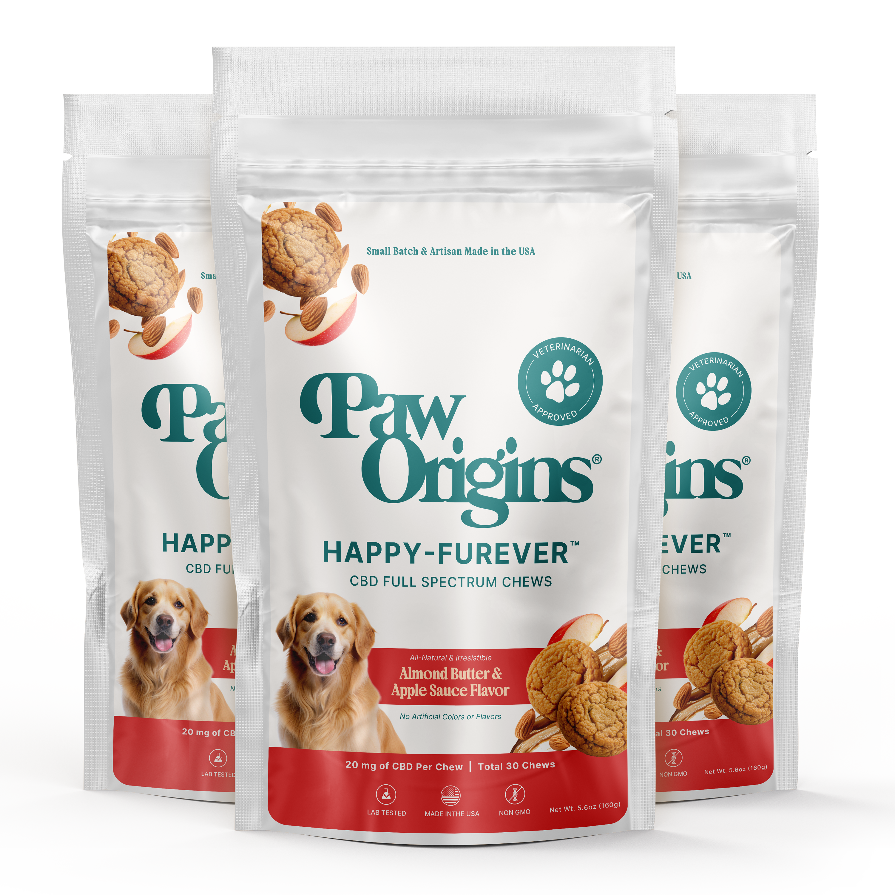 Three bags of Full-Spectrum (939mg) Happy-Furever® CBD Chews for Dogs, almond butter & apple sauce flavor, feature a smiling golden retriever on predominantly white and red packaging.