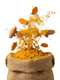 A burlap sack filled with turmeric powder, with turmeric roots and powder dramatically bursting upwards against a white background.