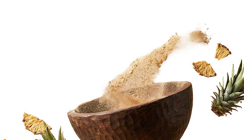 A wooden bowl with light brown powder bursting out, surrounded by dried pineapple slices and a pineapple top against a white background.