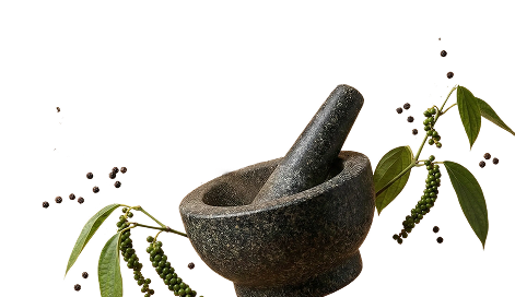 A stone mortar and pestle surrounded by green peppercorn sprigs and scattered black peppercorns, set against a white background.