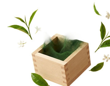 A wooden box filled with green matcha powder, with steam rising from it, surrounded by green leaves and white flowers on a white background.