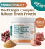 A container of Freeze-Dried Beef Organs Topper with Bone Broth Flavor is shown with its label. Nearby are powdered dog multivitamin and raw beef organs. Text highlights 6 in 1 benefits, PRIMAL-VITALITY, and product advantages.