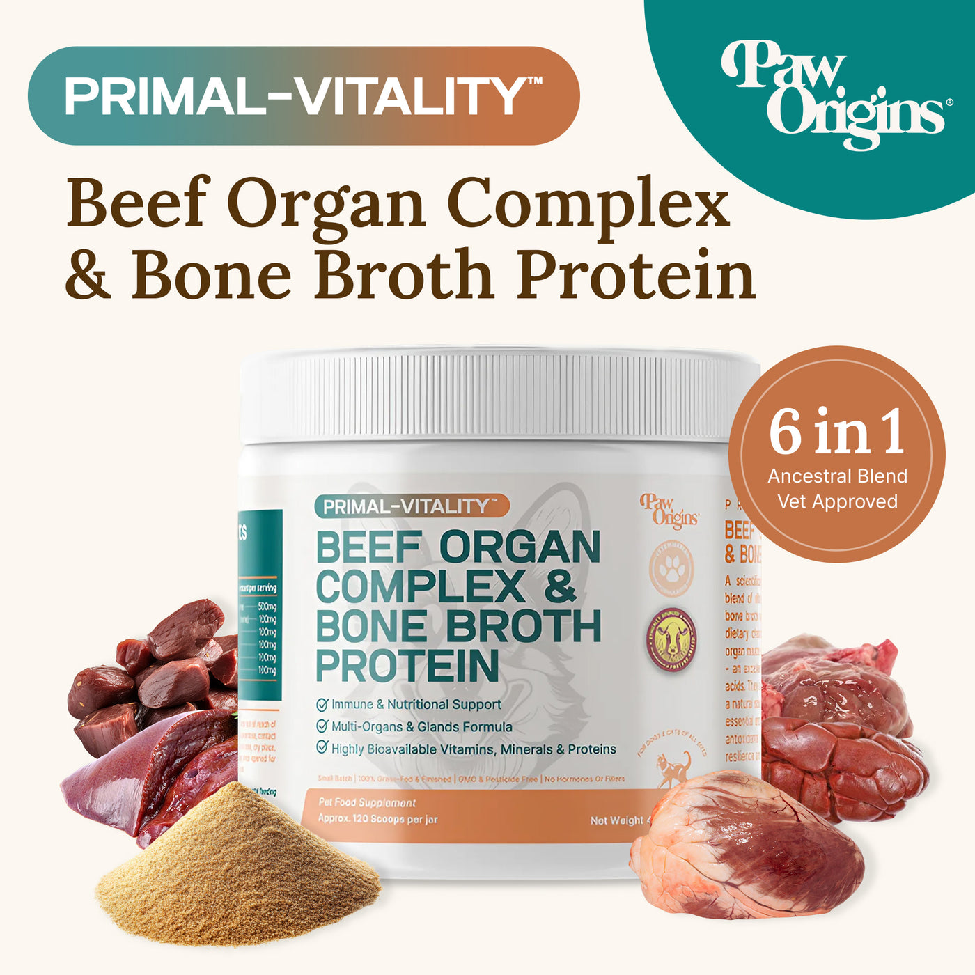 A container of Freeze-Dried Beef Organs Topper with Bone Broth Flavor is shown with its label. Nearby are powdered dog multivitamin and raw beef organs. Text highlights 6 in 1 benefits, PRIMAL-VITALITY, and product advantages.