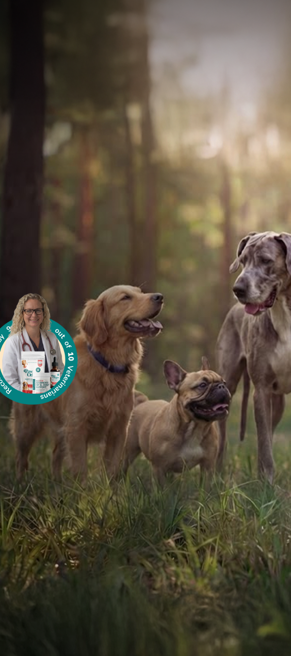 Three dogs—a Golden Retriever, a French Bulldog, and a Great Dane—stand together in a sunlit forest. In the corner, there is a circular inset of a woman in a white coat holding pet food.