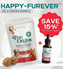 A promo image of the Full-Spectrum (1,600mg) Happy-Furever™ Oil & Chews Value Bundle for dogs, with USA-grown hemp. Shows a bag of chews and a dropper bottle plus text offering 15% off when purchased together.