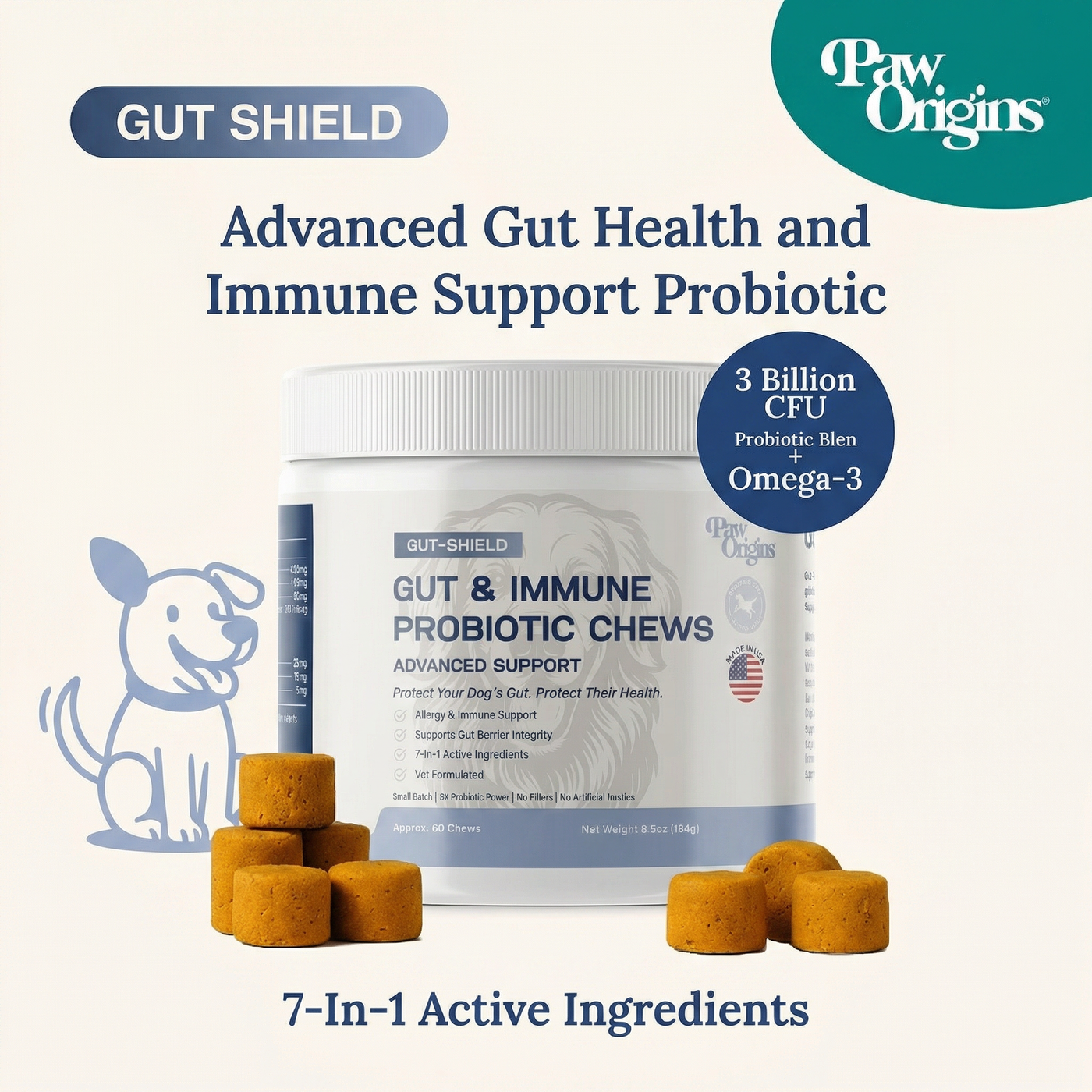 A container of Gut-Shield - Advanced Gut Health & Immune Support Probiotic Chews for dogs is shown with illustrated chews, a smiling dog illustration, and highlights like 7-in-1 active ingredients and probiotics for allergy relief and gut health.