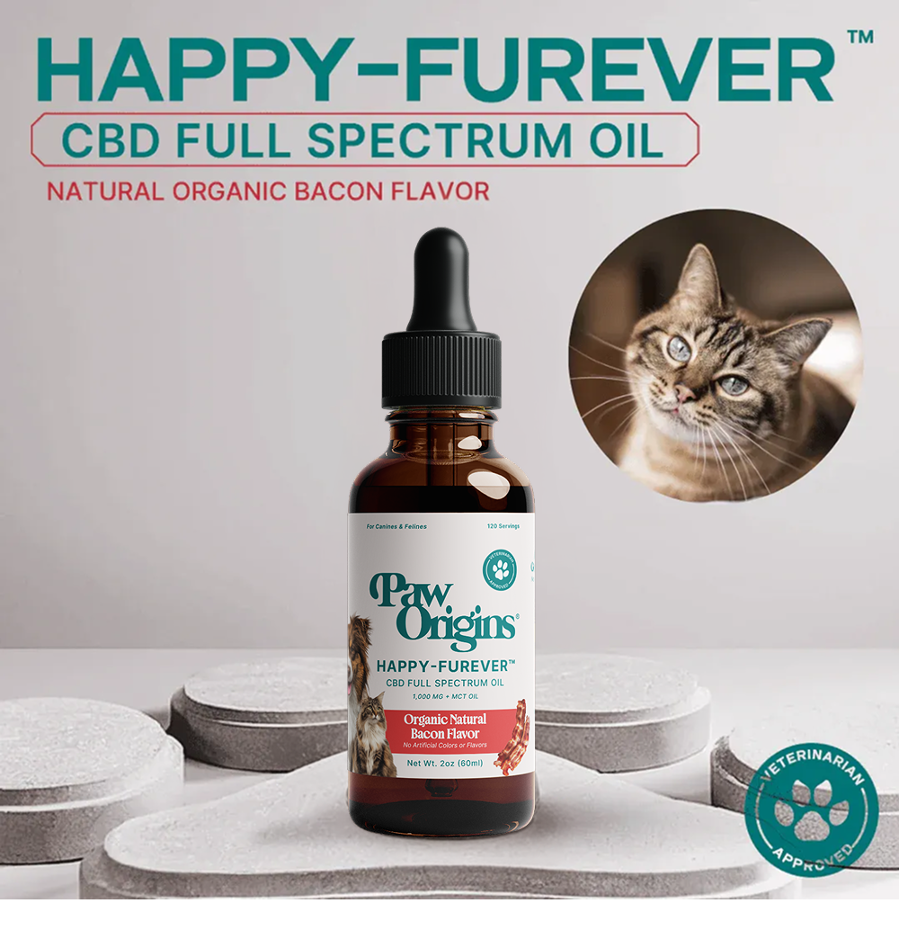 A bottle of Full-Spectrum (1,000mg) Happy-Furever™ Calming Oil - For Cats sits on a white platform. The natural bacon flavor label notes it’s non-psychoactive and veterinarian approved, featuring a cat photo above.