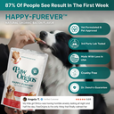 A person gives a treat to a black-and-white dog. The image features Happy-Furever® Full-Spectrum (939mg) CBD Chews for Dogs—vet-formulated, lab-tested, made in the USA, and cruelty-free.