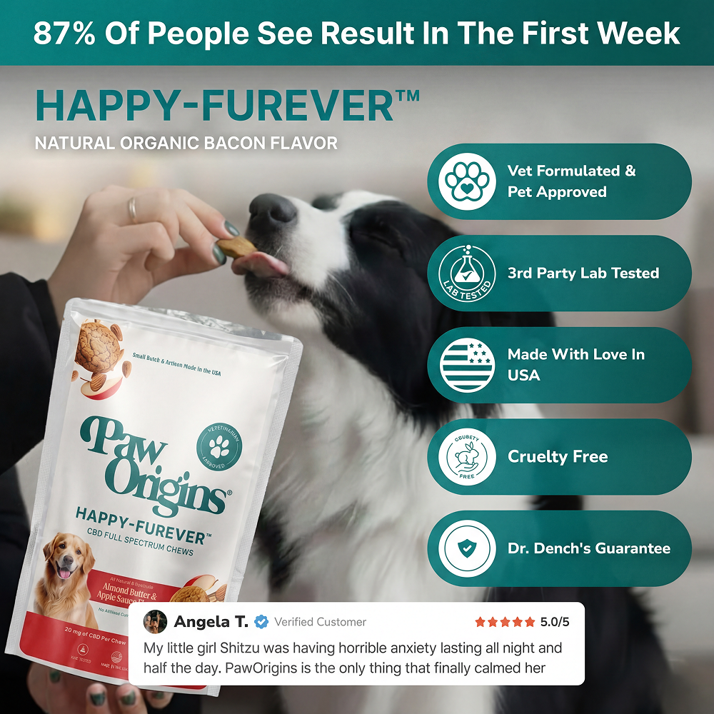 A person gives a treat to a black-and-white dog. The image features Happy-Furever® Full-Spectrum (939mg) CBD Chews for Dogs—vet-formulated, lab-tested, made in the USA, and cruelty-free.