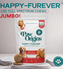 A bag of Jumbo Full-Spectrum (1,200mg) Happy-Furever® CBD Chews sits on the counter with chews beside it. The packaging features “JUMBO!” size and “Veterinarian Approved.” Flavor: Almond Butter & Apple Sauce. Contains full-spectrum hemp oil.