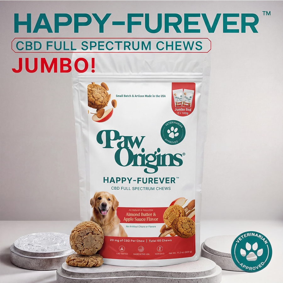 A bag of Jumbo Full-Spectrum (1,200mg) Happy-Furever® CBD Chews sits on the counter with chews beside it. The packaging features “JUMBO!” size and “Veterinarian Approved.” Flavor: Almond Butter & Apple Sauce. Contains full-spectrum hemp oil.