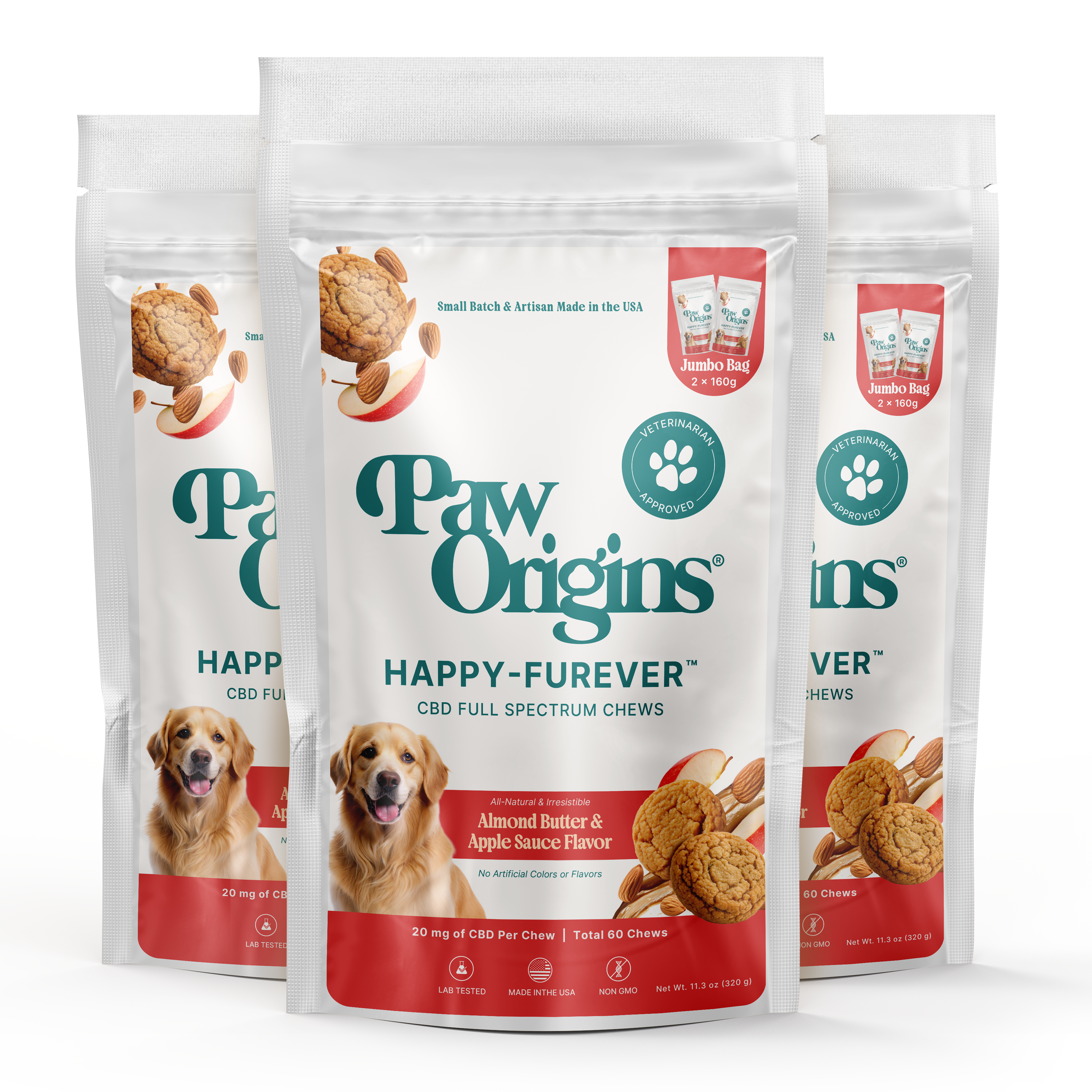 Three bags of Jumbo Full-Spectrum (1,200mg) Happy-Furever® CBD Chews for dogs in almond butter and apple sauce flavor. Packaging shows a happy golden retriever, tasty chews, paw prints, and product info including Full-Spectrum Hemp Oil.