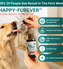 A person gives a golden retriever Full-Spectrum (1,000mg) Happy-Furever® CBD Oil with a dropper. The bottle highlights joint mobility support, full-spectrum hemp oil, vet-formulated, cruelty free, and made in the USA.