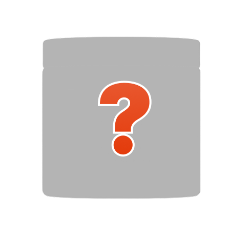 A gray, cylindrical container with a large red question mark in the center, symbolizing something unknown or a mystery product.