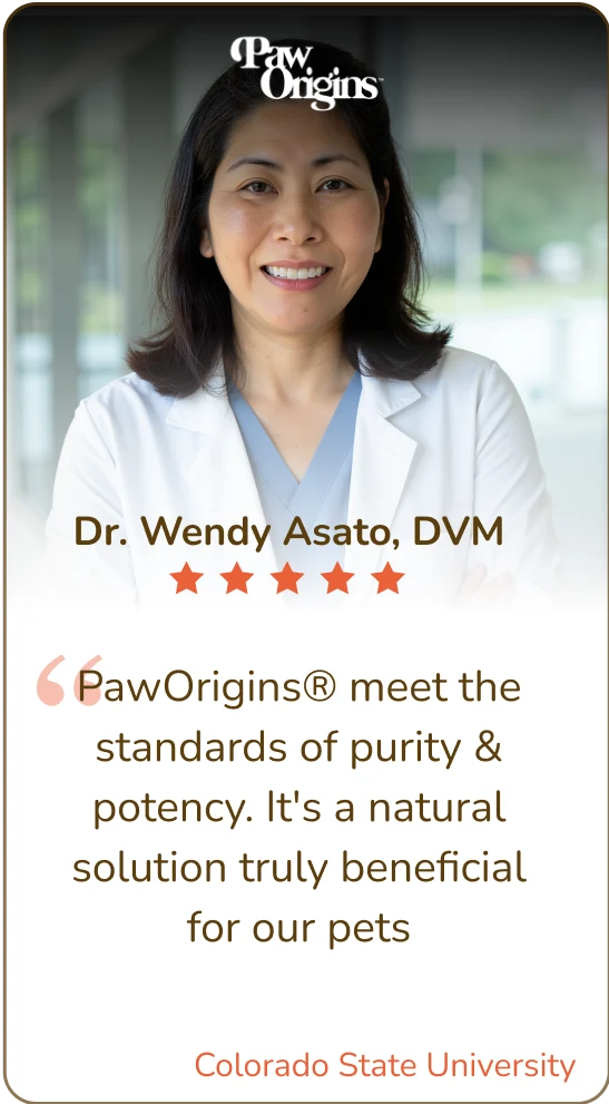 A smiling female veterinarian in a white coat stands indoors. Text reads: Dr. Wendy Asato, DVM. PawOrigins® meet the standards of purity & potency. Its a natural solution truly beneficial for our pets. Colorado State University.